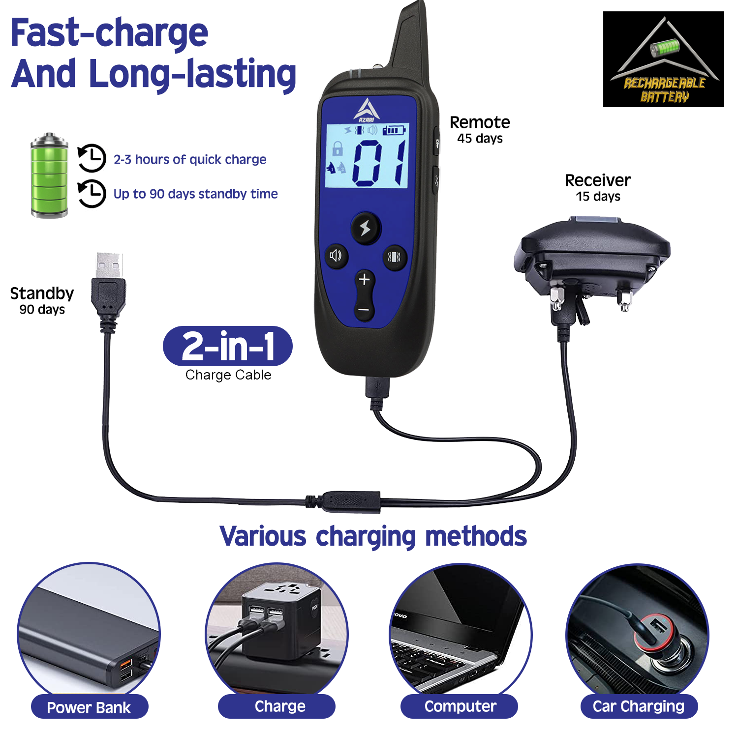 AZARI 2 Dog Training Collar 4 Large medium Small Dogs, 2 COLLARS & Clicker Shock Vibration Beep